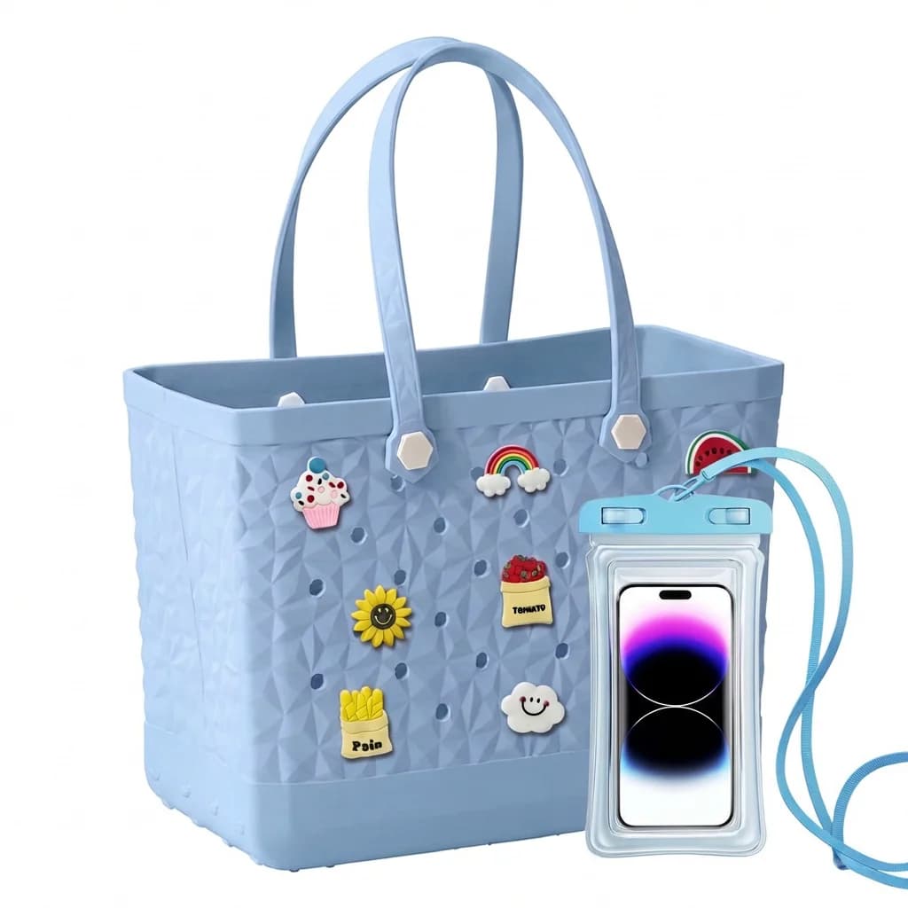 Borsa da Spiaggia Teal con Ciondoli Fai-da-Te + Custodia Sigillata Gratuita per Telefono, Borsa Estiva da Donna, Leggera e Resistente all'Acqua