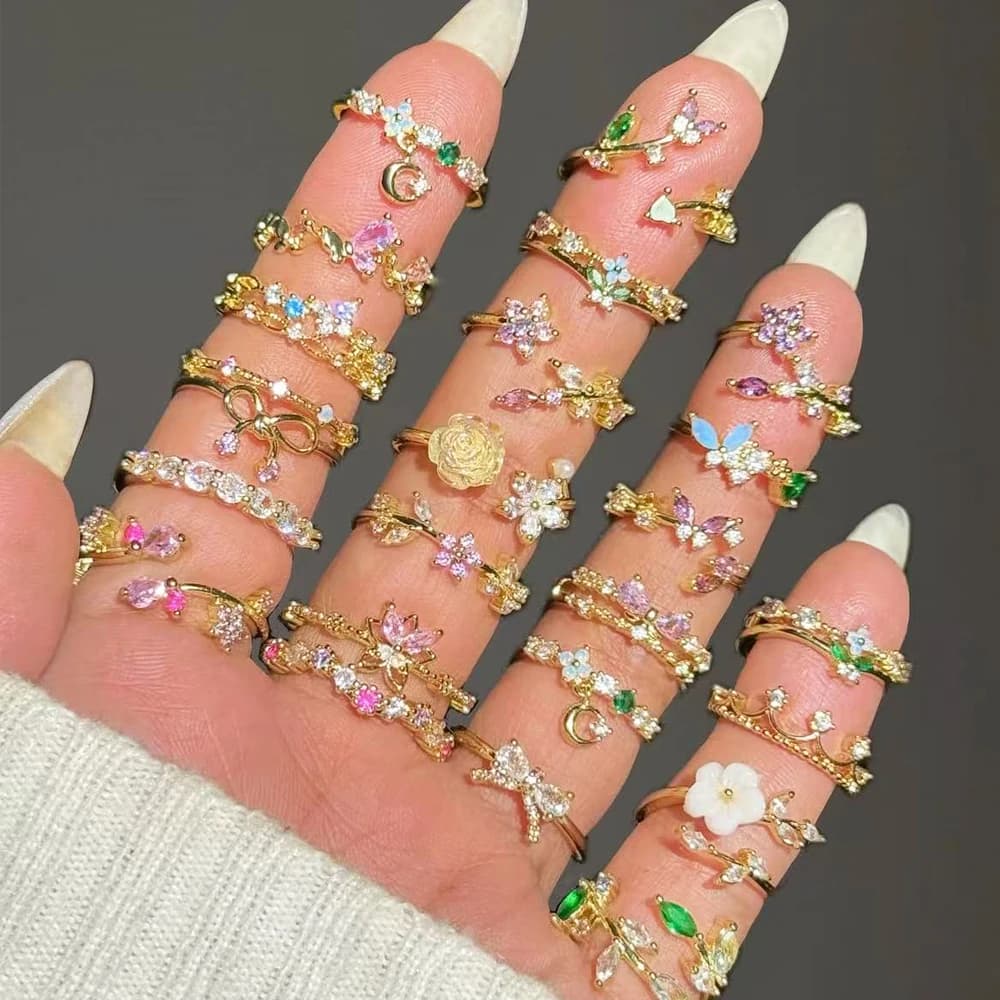 Sparkling Colorful Dazzling CZ Finger Flower Rings For Women Luxury Bow Pink Zircon Ring Wedding Jewelry For Wife & Girlfriend