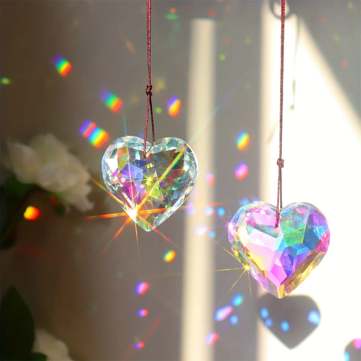 Crystal Peach Prism Suncatcher Prism Heart Shaped Hanging Pendant Decorative Rainbow Maker Window Home Office Garden Decoration