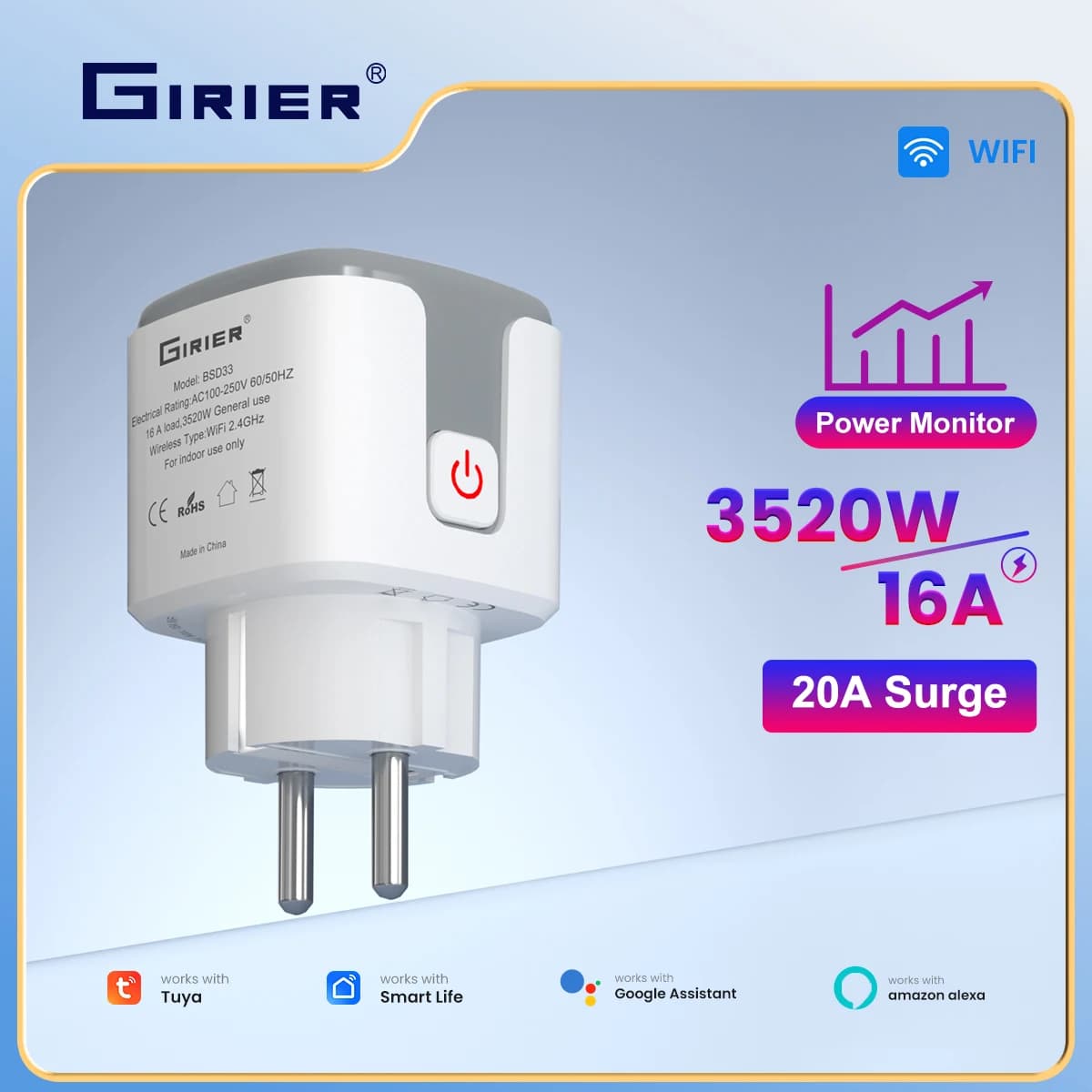 Intelligent GIRIER Tuya 16A WiFi Wireless from Wall 3520W with Energy Monitoring Function Compatible with Alexa and Hey Google
