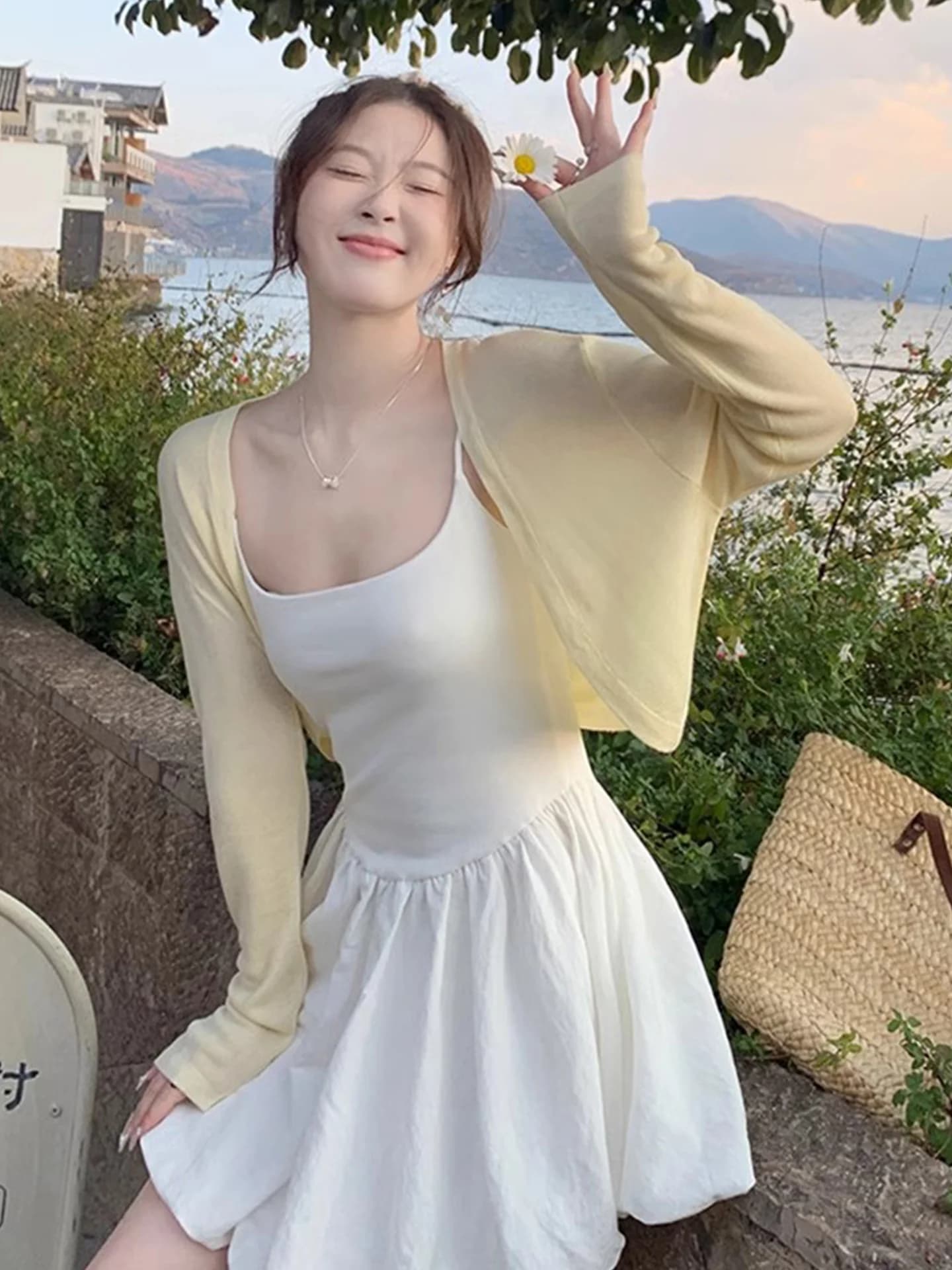 Yellow Short Thin Cardigan Women's Summer Outerwear with Strap Vest Top Sun Protection Shoulder Pad Jacket Sweet Style Knitte...