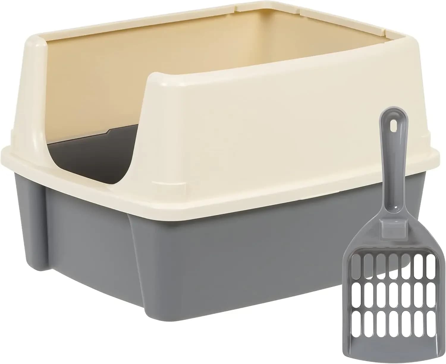 Basics Large Cat Litter Box with High Sides, Open Top for Easy Access, Includes Scoop with Storage, 19' x 15' x 11.75', Grey/Bei
