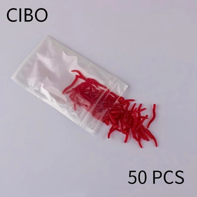 CIBO 50pcs-Artificial Red Worm Soft Lures 40mm 0.2g Silicone Realistic Earthworm Bait for Carp Bass Freshwater Fishing Tackle