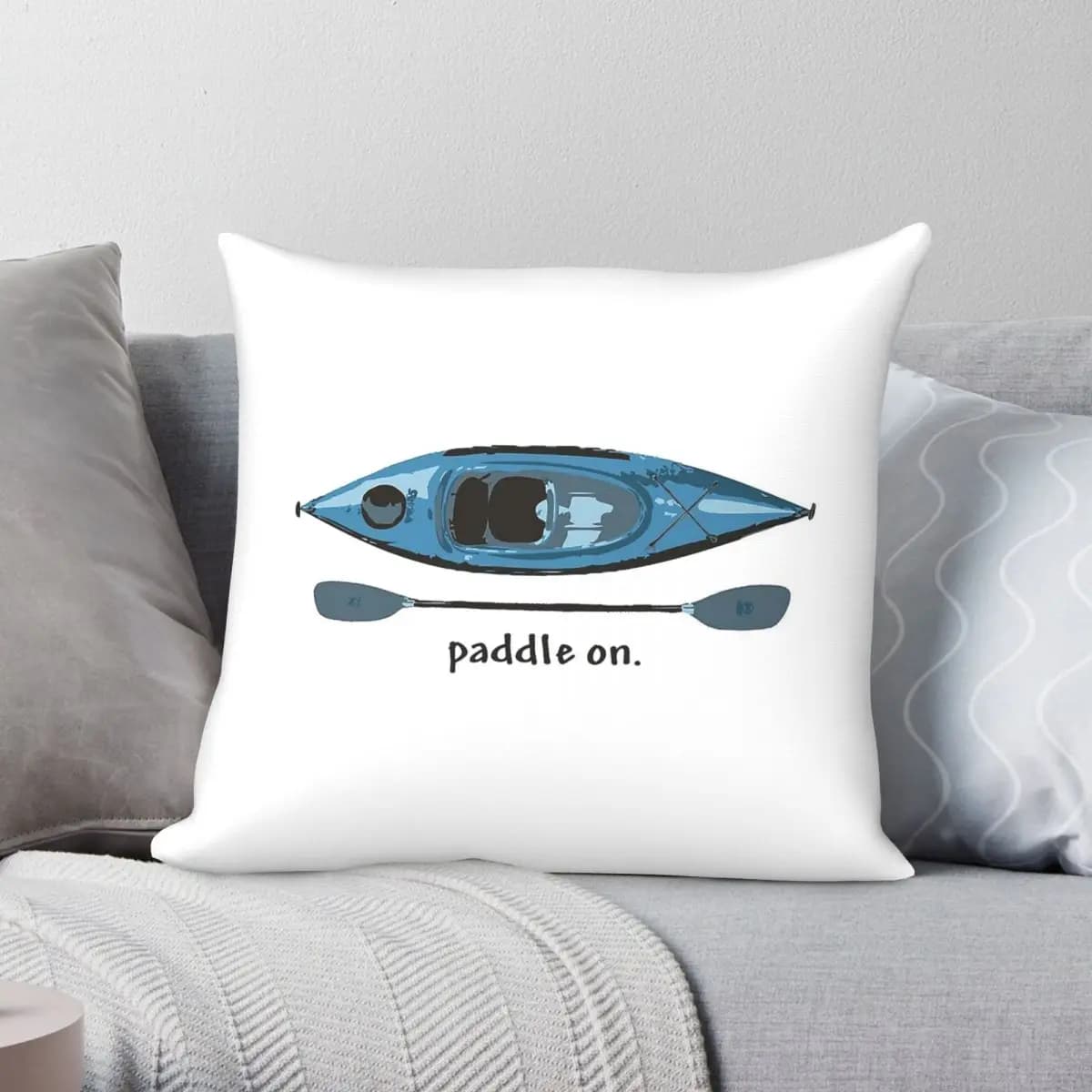Fodera per cuscino decorativa blu con motivo kayak e pagaia, in poliestere, lino e velluto, con cerniera, creativa, per la casa