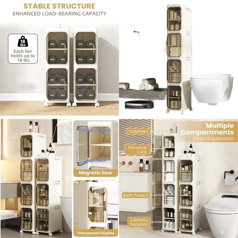 Mobiletto da bagno compatto a 4 livelli con ruote e porta carta igienica, impermeabile, facile installazione, ideale per piccoli spazi in H