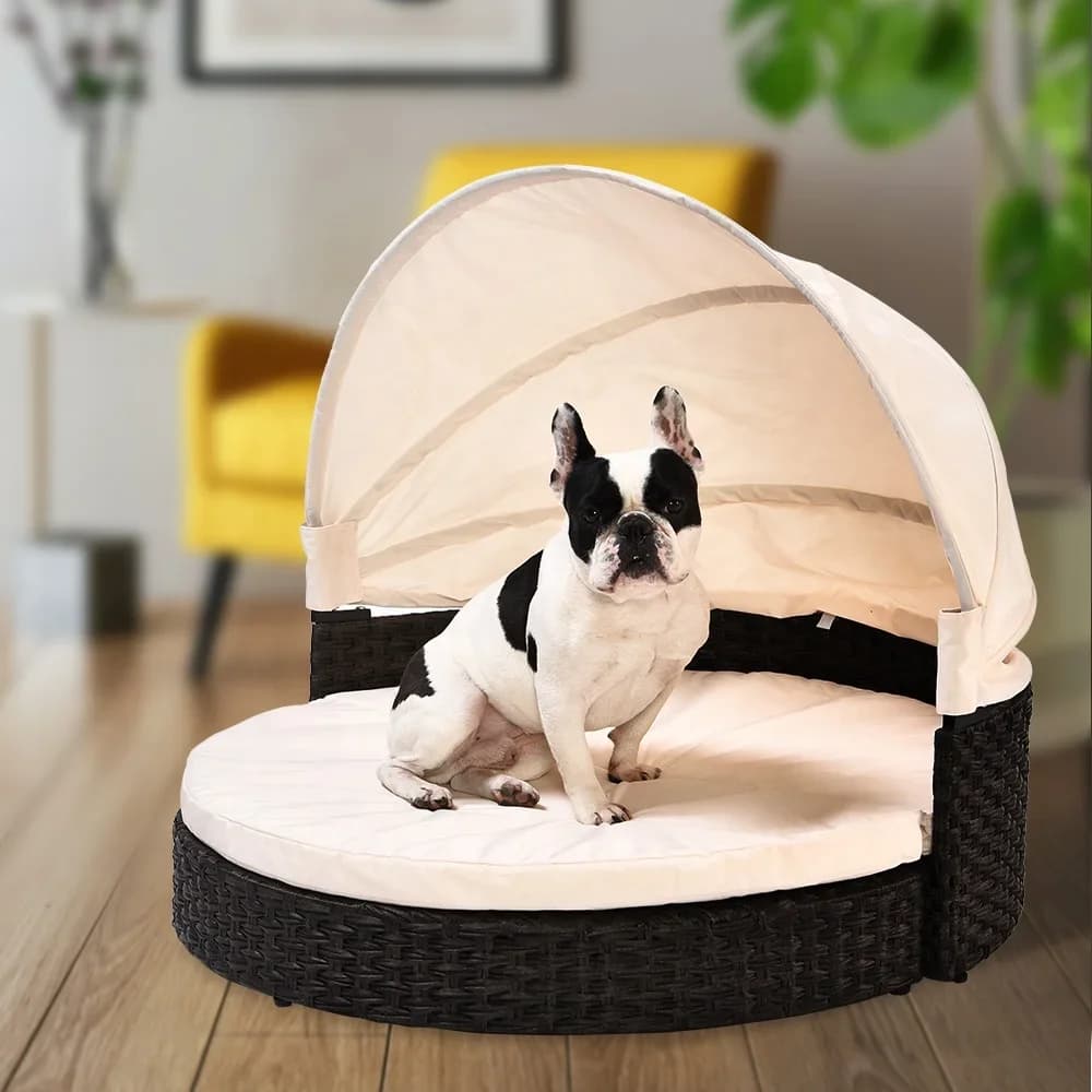 -Lettino per cani da compagnia in rattan PE artificiale pieghevole con parasole rimovibile per interni ed esterni con baldacchino