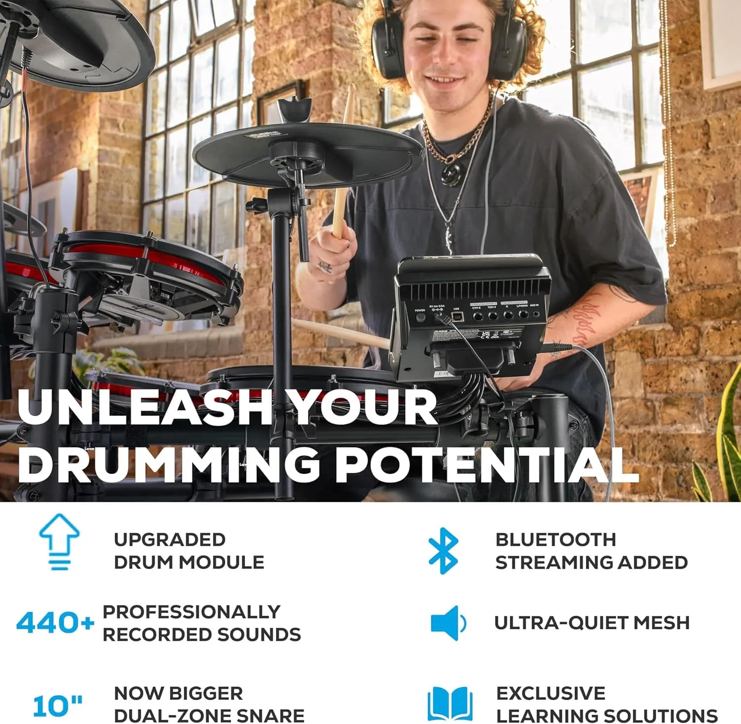Batteria Elettronica Alesis Nitro Max Kit con Pad in Mesh Silenziosi, Rullante da 10 Pollici, Bluetooth, 440 Suoni, Drumeo USB MIDI, Include Sgabello e Cuffie