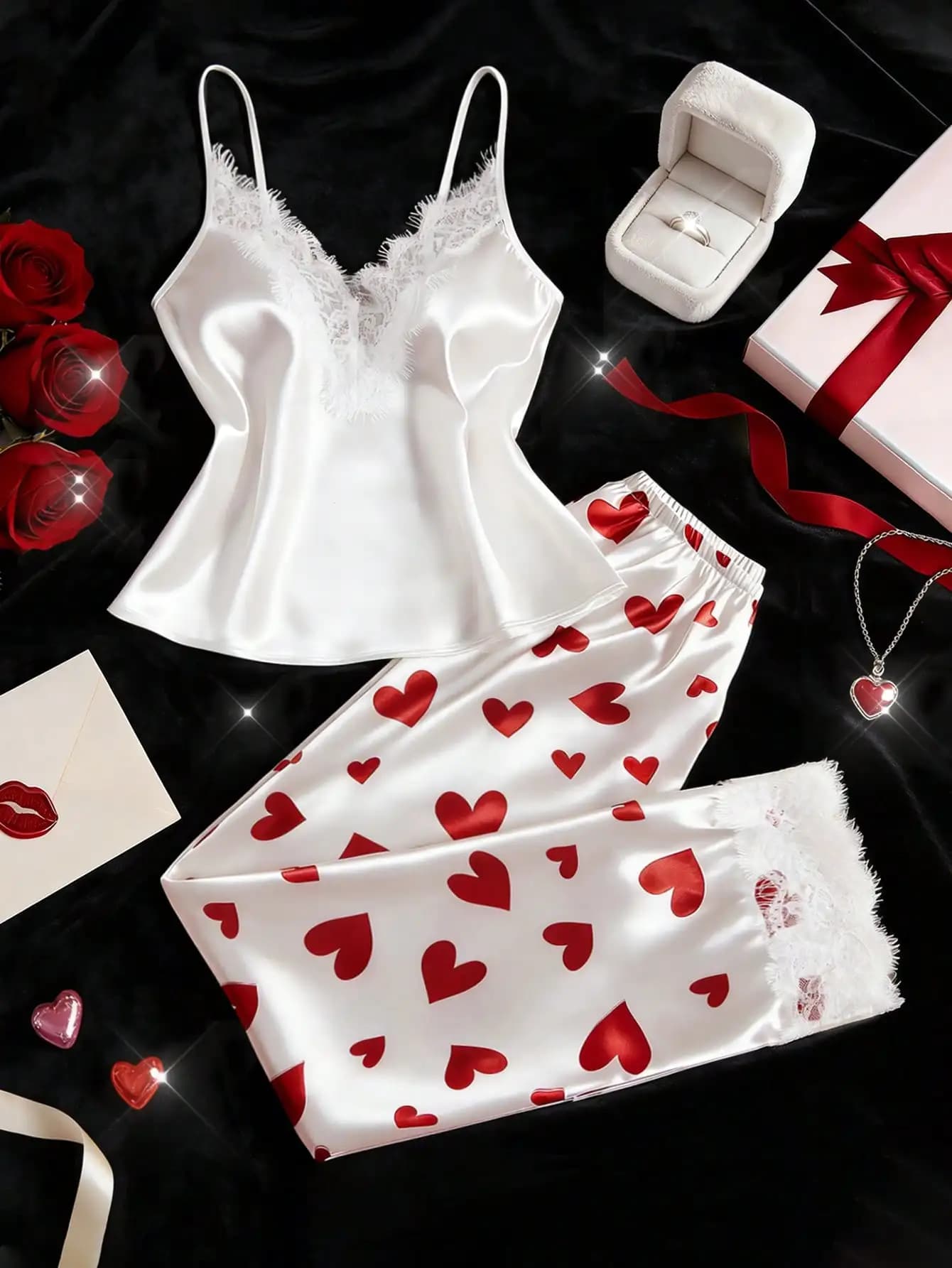 White Satin Lace Trim Pajama Set with Red Heart Print Pants