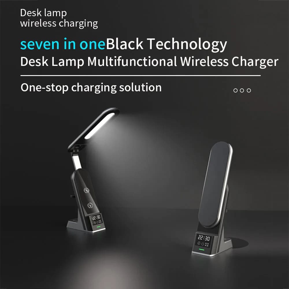 Lampada dimmerabile a LED Orologio verticale 7 in 1 da 15 W caricabatterie wireless ricarica rapida Lampada da scrivania creativa multifunzionale per protezione degli occhi a LED