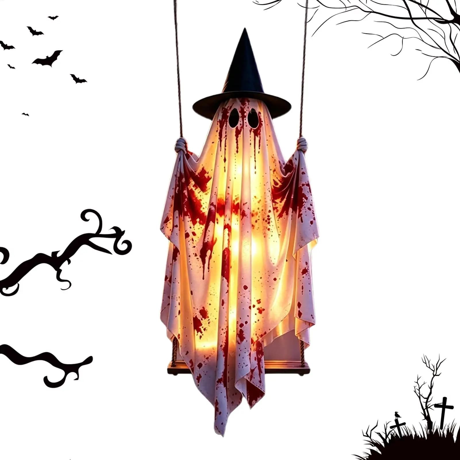 Outdoor Halloween Decoration, 5Ft Large Hanging Ghost Swing, Bloody Witch Swing Ghost Pendant, With Remote Control String Lights