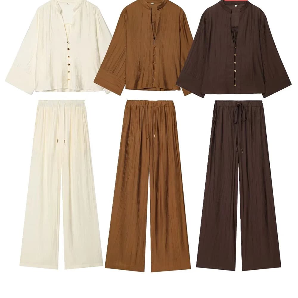 Camicia a maniche lunghe con scollo a V ampia e semplice da donna nuova autunnale con elastico in vita e set di pantaloni a gamba larga