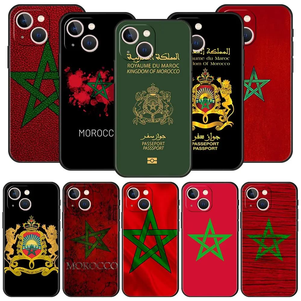 Marocco Bandiera Passaporto Custodia per telefono di lusso per iPhone 13 15 14 12 11 Pro MAX XR X SE XS 7 8 Plus Silicone Nero Cover Shell