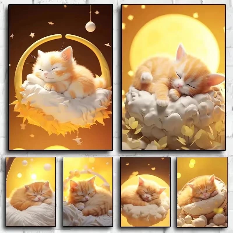Cute Sleeping Kitten Diamond Painting, Cloud Glowing Full Moon Warm Starry Sky Cartoon Pet Landscape Wall Art Home Decor Gift