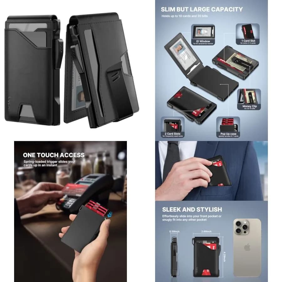 Portafoglio tattico da uomo: porta carte con sistema pop-up, in vera pelle, intelligente, con blocco RFID, sottile, minimalista, con tasca frontale