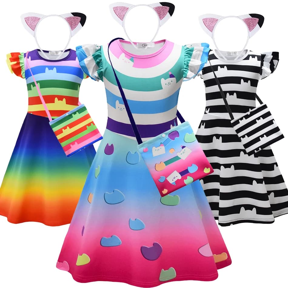 Gabby Doll Dress Up Costume Summer Girls Dollhouse Abiti con maniche volanti a righe arcobaleno Abiti casual da principessa carini per bambini