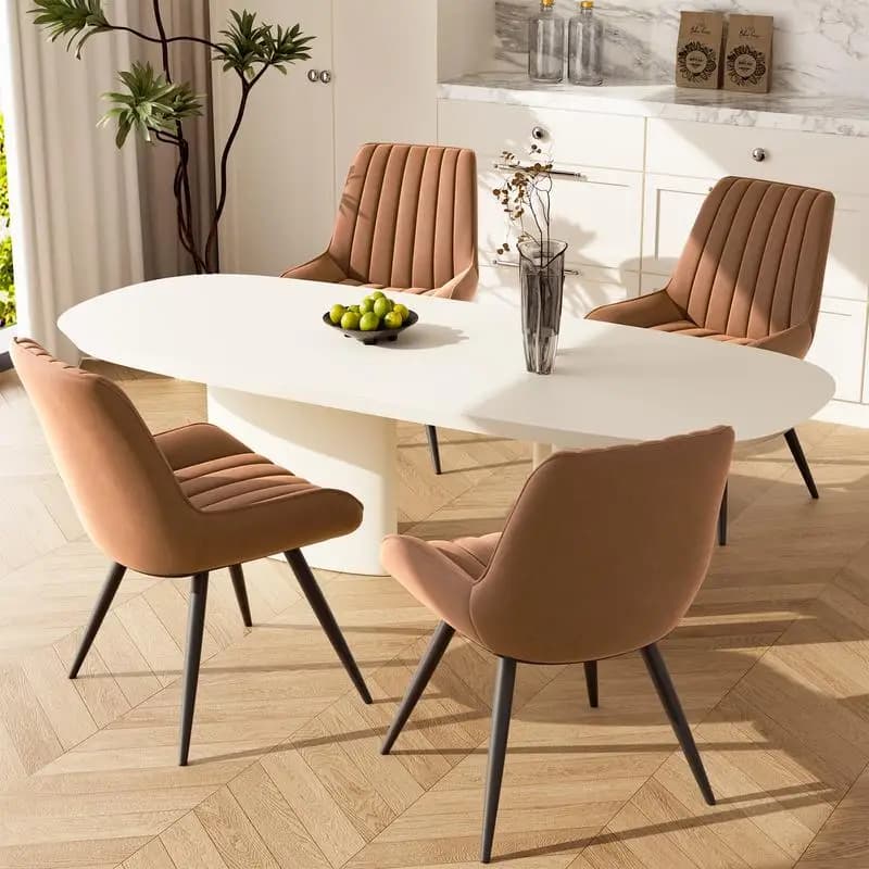 Set di 4 sedie da pranzo moderne, comode sedie laterali imbottite in tessuto con cuscini spessi e gambe in metallo, colore marrone