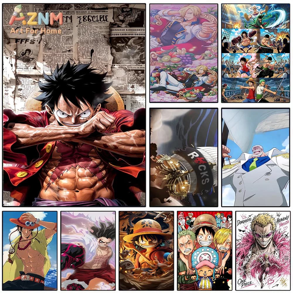AZNM One Piece Anime Canvas Wall Art Monkey D Luffy Sanji Rocks D Xebec Portgas D Ace Doflamingo HD Print Frameless Painting Jap