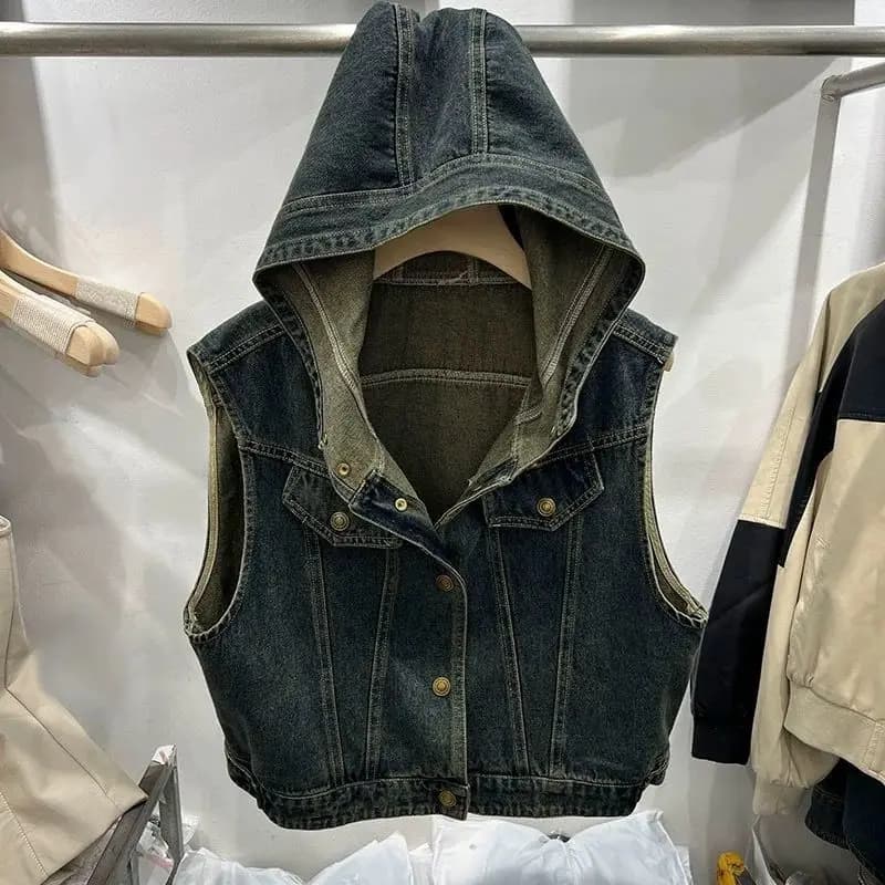 Gilet di jeans chic Gilet senza maniche da donna Cardigan con cappuccio Giacche di jeans Design Streetwear Primavera Autunno Top corti Nuovi cappotti