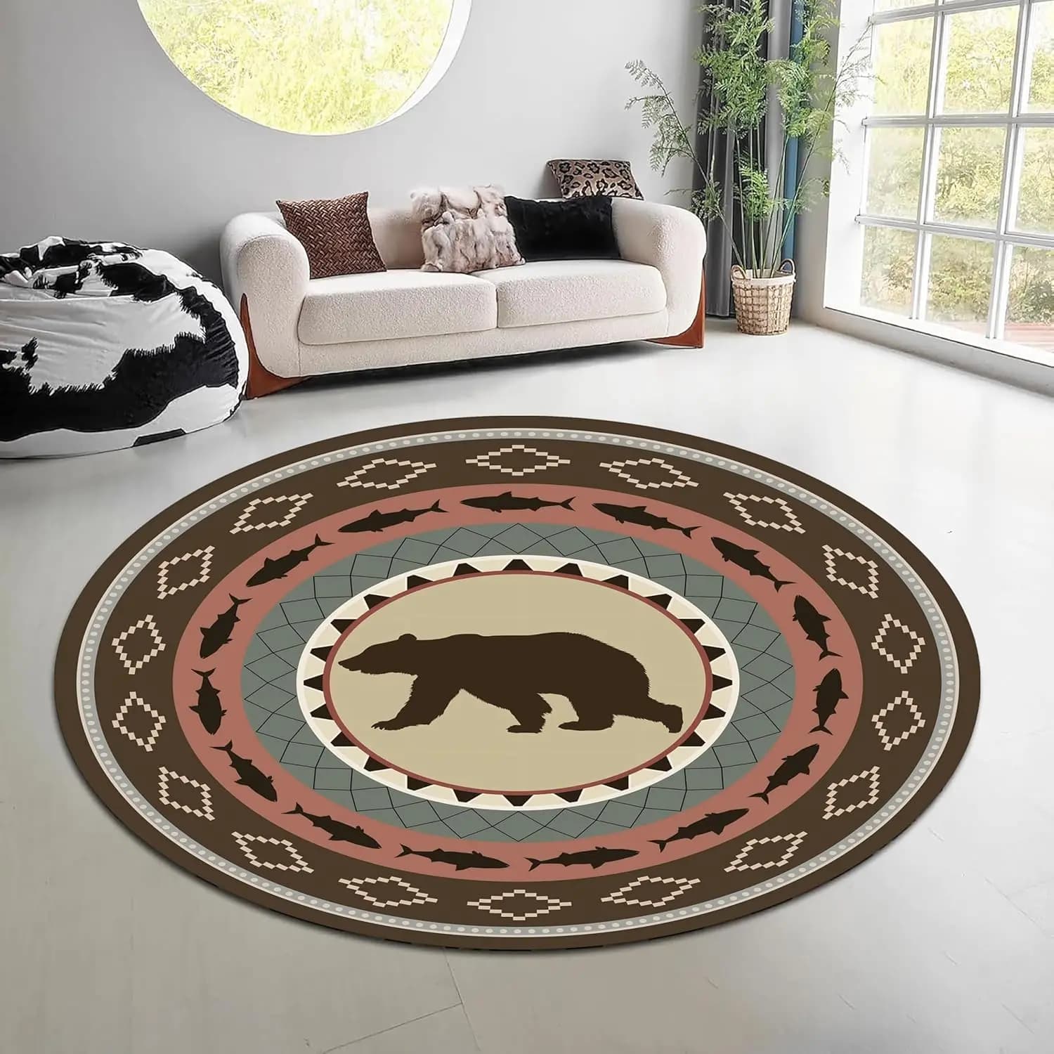Vintage Nature Forest Round Rug Green Brown Elk Bear Area Carpet Western Hunting Lodge Living Room Sofa Aesthetic Floor Mat