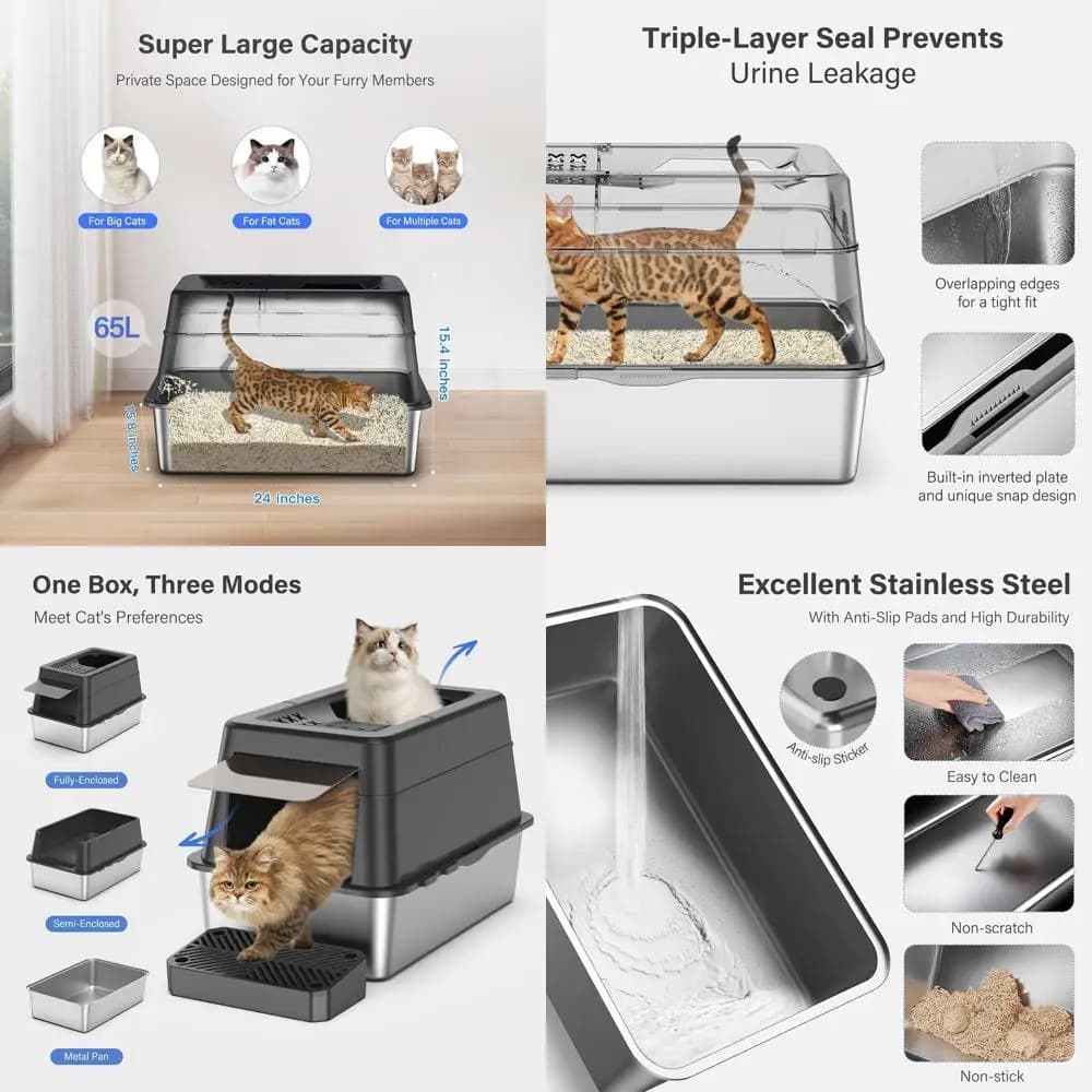 Lettiera per Gatti Extra Large in Acciaio Inox con Coperchio Ribaltabile, Design Modulare XL, Ingresso Superiore, Bordi Alti, Include Pedale e Paletta - Nero