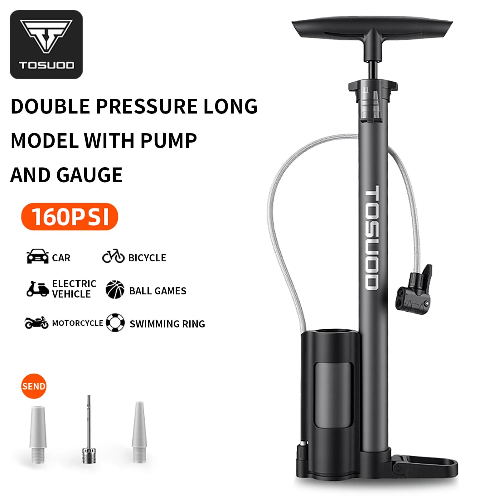 TOSUOD 160PSI Portable Bike Pump with Pressure Gauge 3-in-1 Nozzle Schrader Presta for MTB Road E-Bike Ball Cycling Accessories