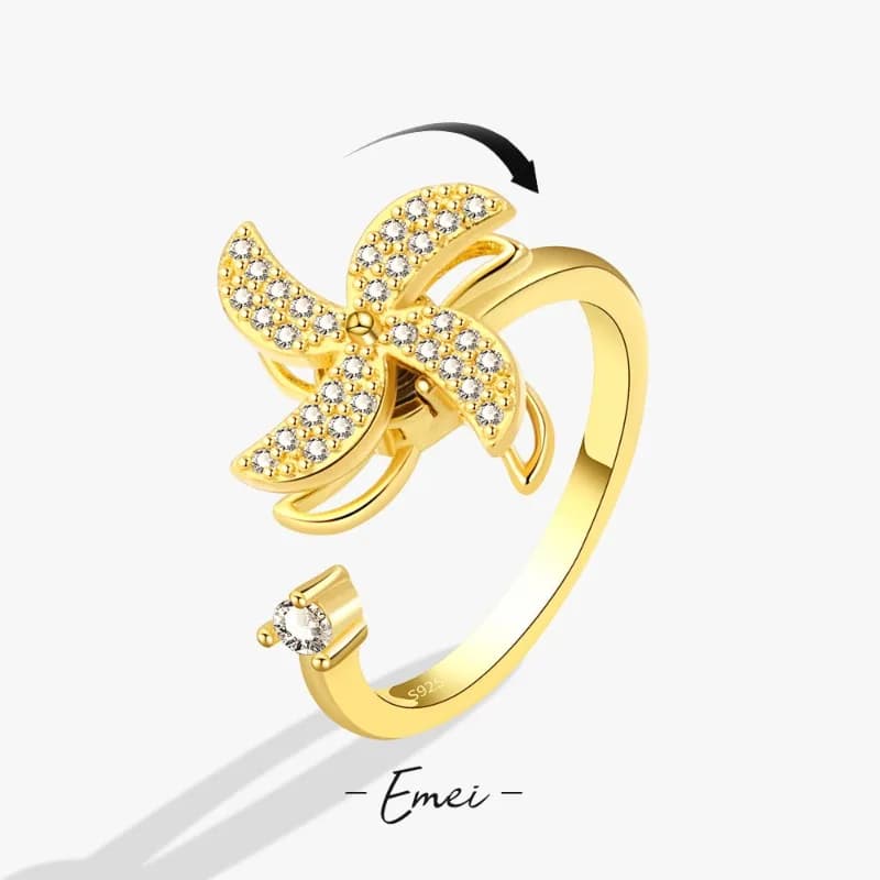 Anello Girevole Antistress a Forma di Mulino a Vento con Zirconi, Regolabile, Gioiello per Donne