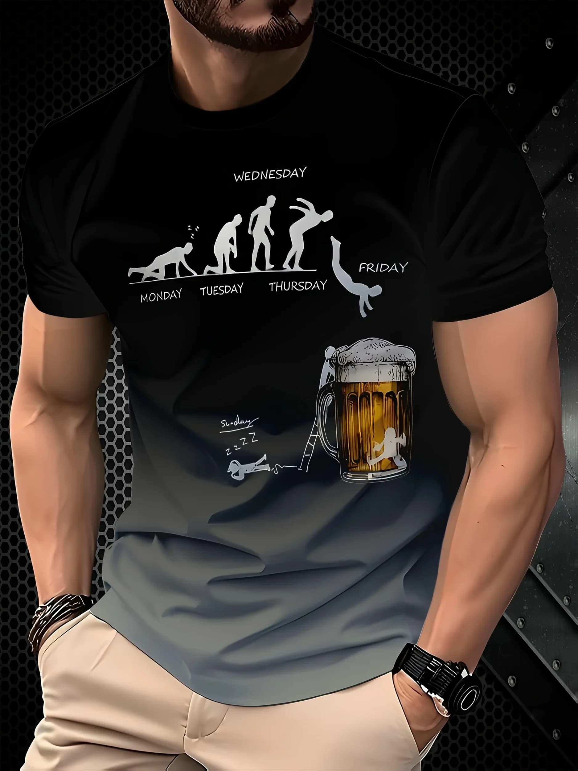 T-shirt da uomo con stampa 3D sfumata a tema birra, meme sull'evoluzione della birra, girocollo casual a maniche corte, stile estivo