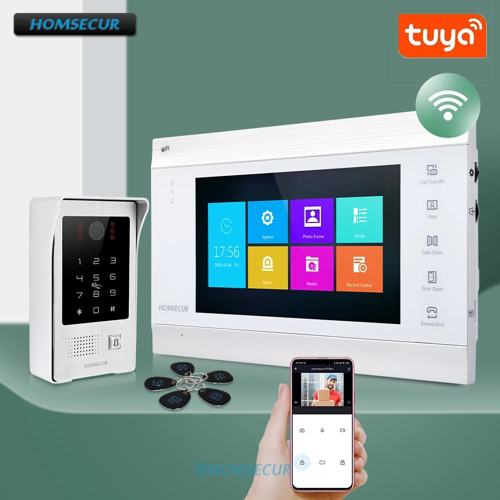 HOMSECUR Videocitofono WIFI Tuya a 4 Fili da 7 Pollici, Campanello Impermeabile con Accesso Tramite Password e Scheda, Sblocco Porta, Visione Notturna IR