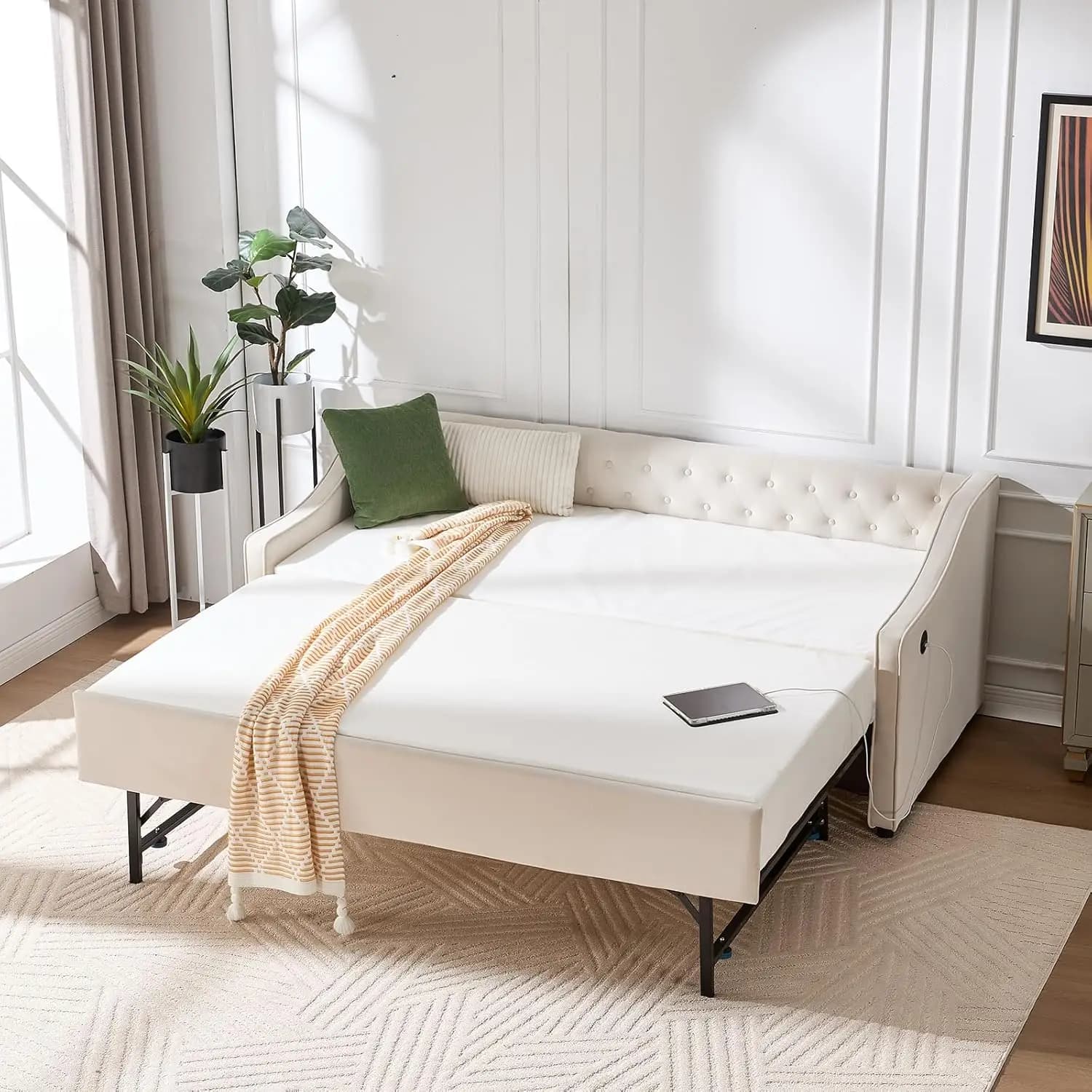 Divano letto da singolo a matrimoniale con letto estraibile, porte USB, divano letto imbottito morbido con letto estraibile a scomparsa, moderno allungabile, personalizzabile