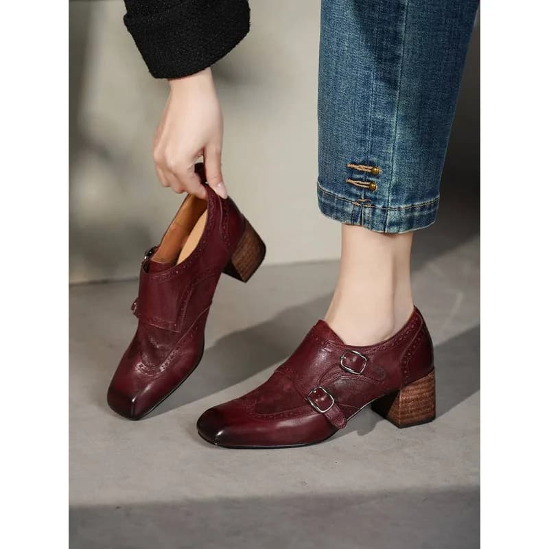 2026 Autumn Women Double Monk Strap Shoes 5cm Wood Block Heel Square Toe Genuine Calfskin Leather Pigskin Lining Cow Insole G394