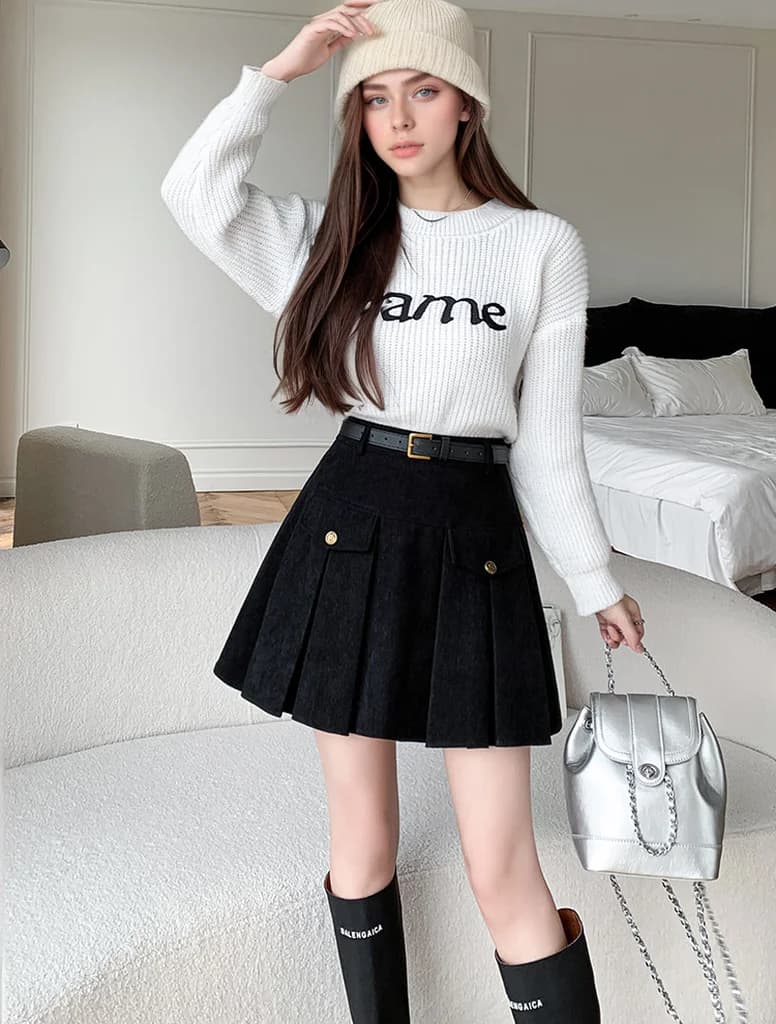Women's Velvet Velvet Pleated Ribbon Woven Autumn Winter with Belt 2024 Vintage Casual Cargo Short skirts for Girls