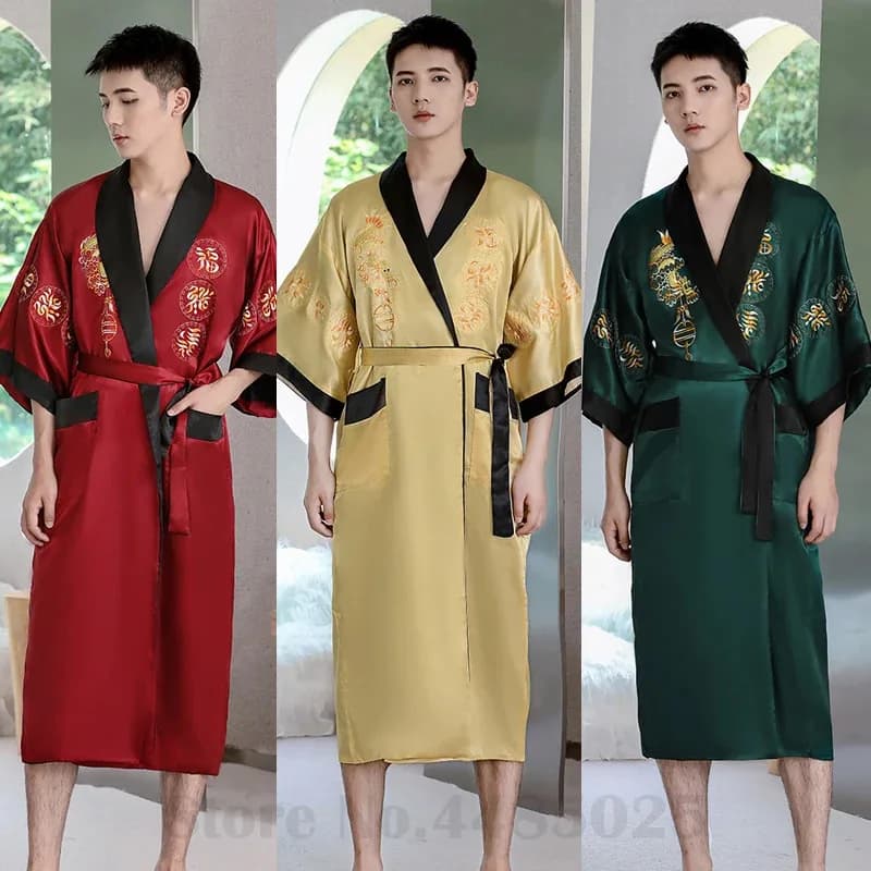 Kimono in raso stile cinese da uomo con risvolto di media lunghezza indumenti da notte nuova primavera estate accappatoio da notte intimo maschile lingerie homewear