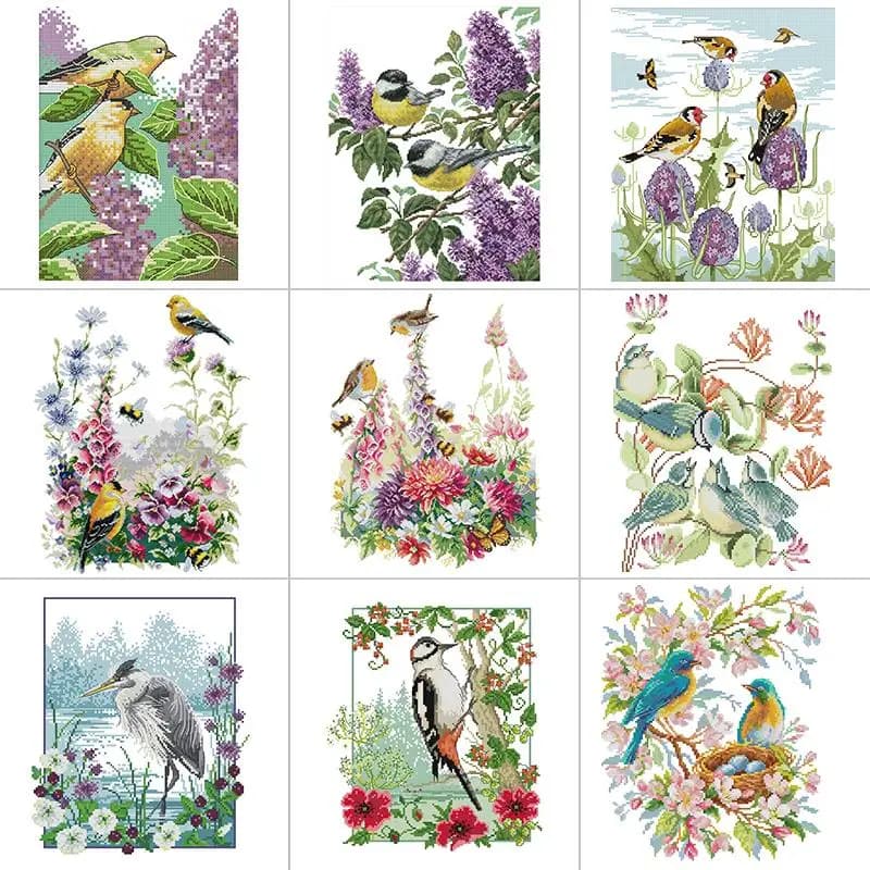 Birds and Flowers Series Joy Sunday Printed Cross Stitch Kit 14 16 11CT White Counted Fabric Embroidery Set DIY Hand Needlework