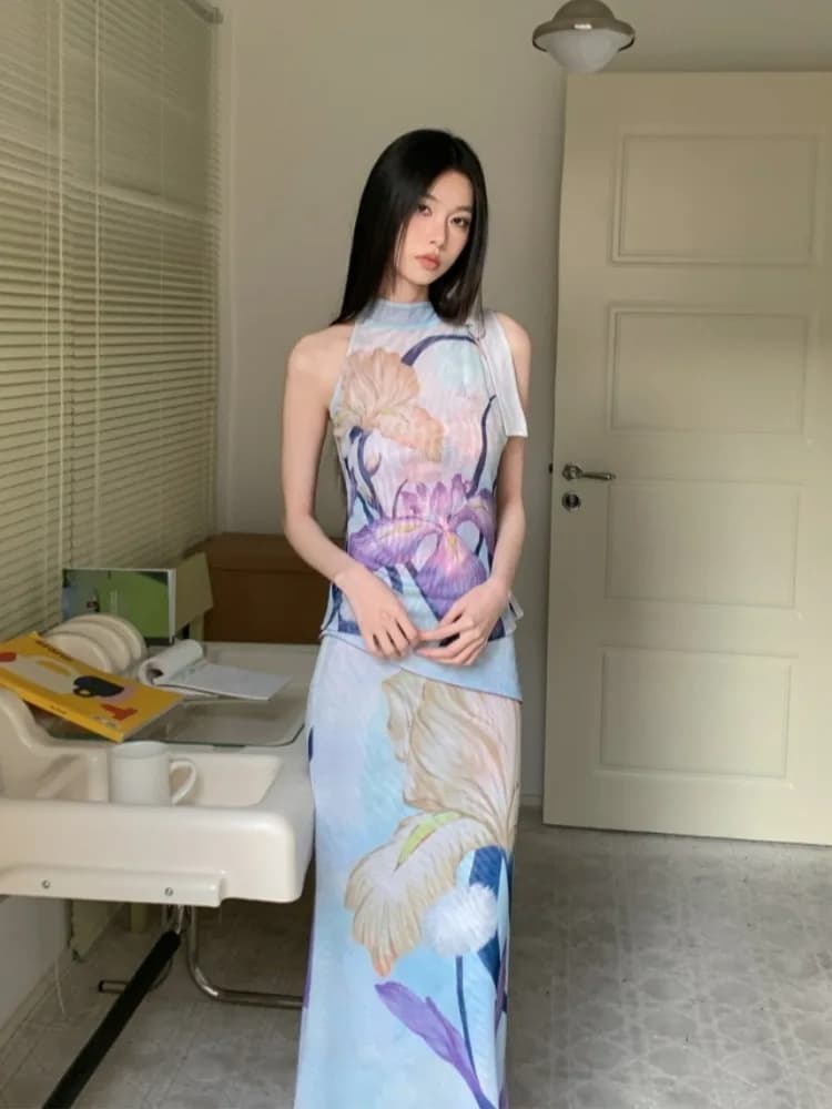 New Chinese Style Iris Daisy Women's Spring Summer Sleeveless Neck Hanging Fish Tail Skirt Set Mid-Length Evening Gown
