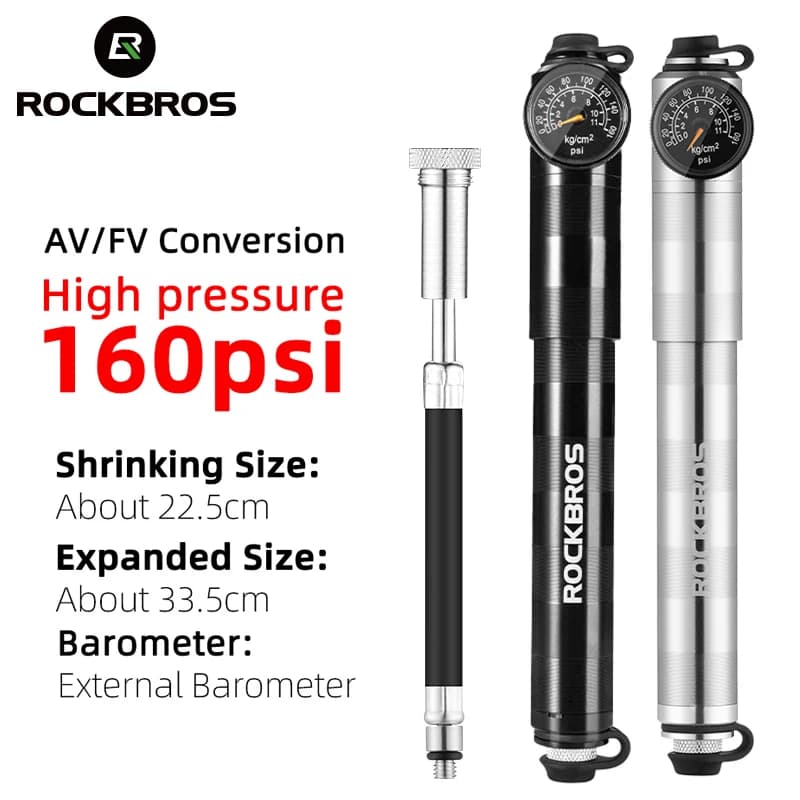 ROCKBROS 160psi Pompa per bici Barometro a pressione d'aria Gonfiatore per bicicletta Lega di alluminio MTB Moto da strada FV AV Pompa da ciclismo portatile