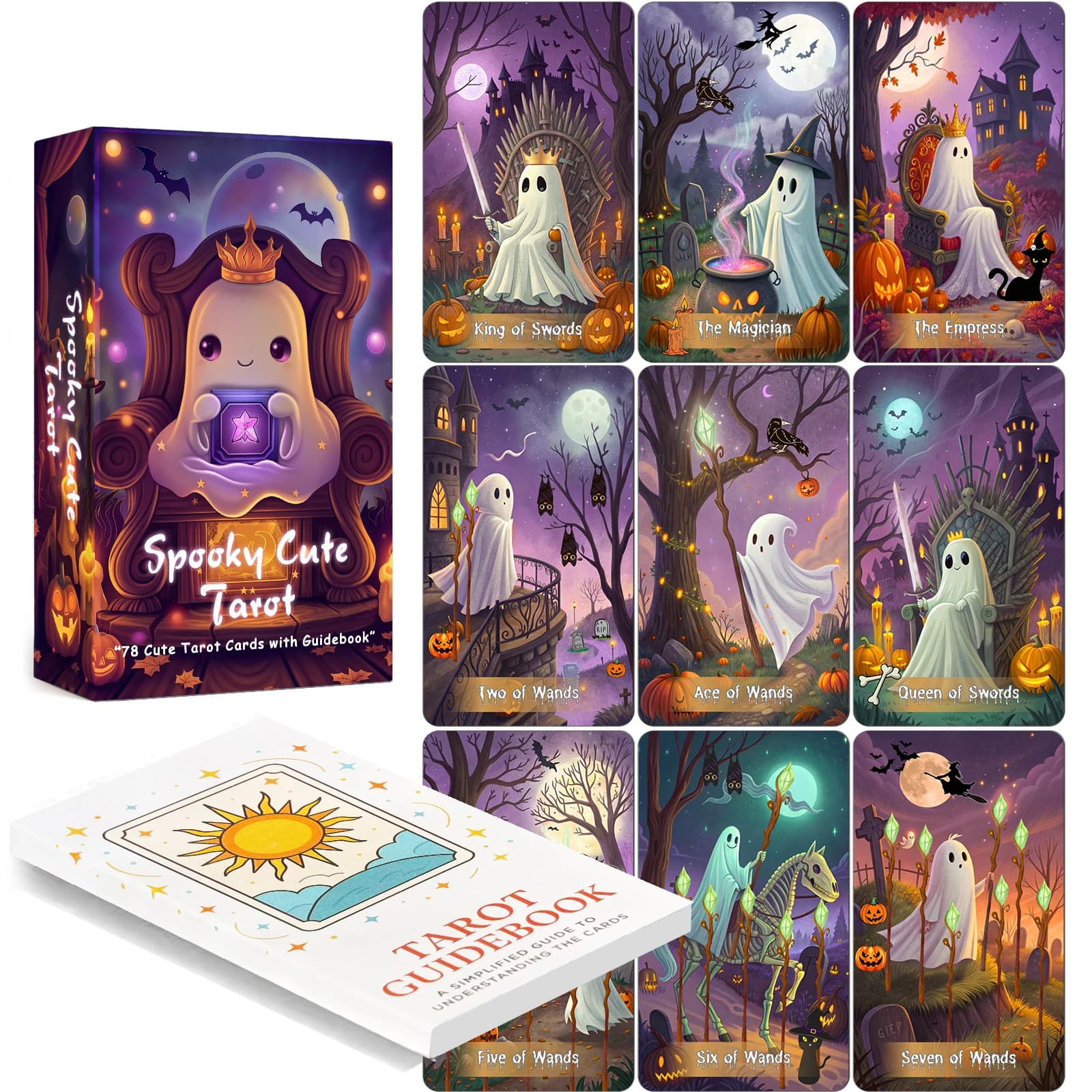 Mazzo di tarocchi Spooky Cute, 78 carte dei tarocchi per principianti con guida, carte oracolo stregonesche, finitura lucida premium da 400 g/m²