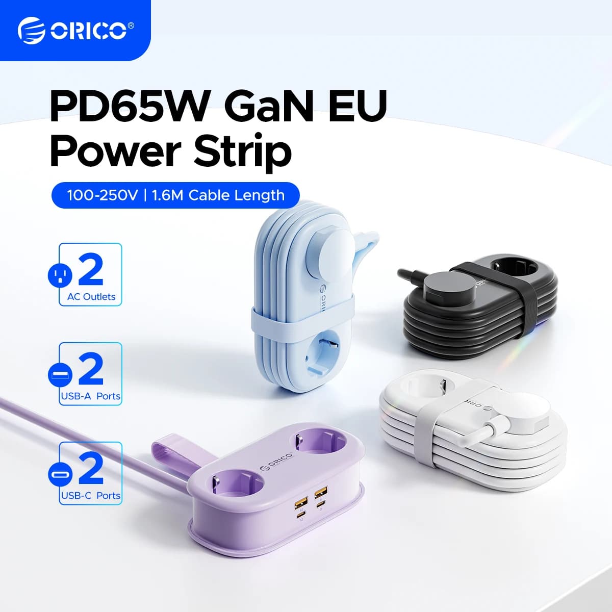 ORICO Cavo-Wrap Multipresa da Viaggio Portatile 65W GaN Stazione di Ricarica Veloce con 2 Prese CA 2 USB 2 Tipo-C Adattatore Spina UE Casa