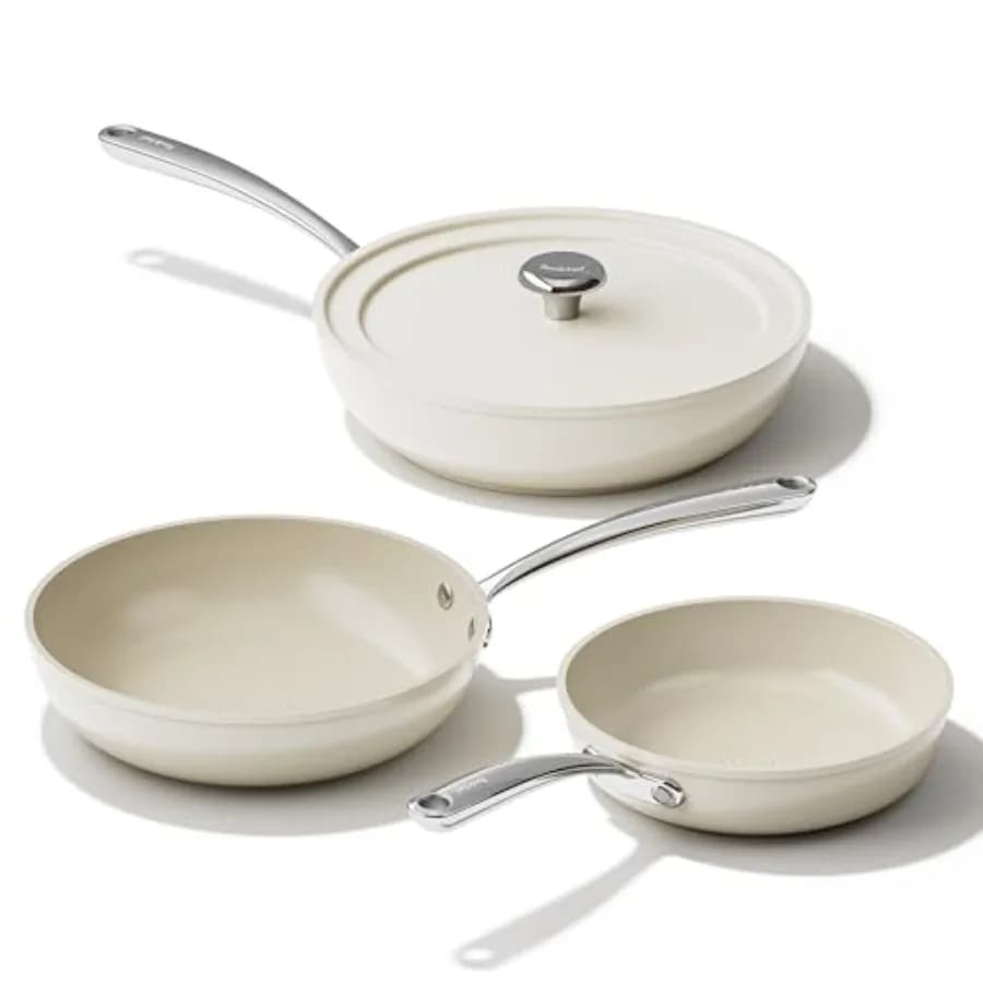 Set di 4 Padelle in Ceramica Antiaderenti con Coperchio, Beige Bianco, Senza PFAS PTFE PFOA, Lavabili in Lavastoviglie e Adatte al Forno, 8 9.5 11 E