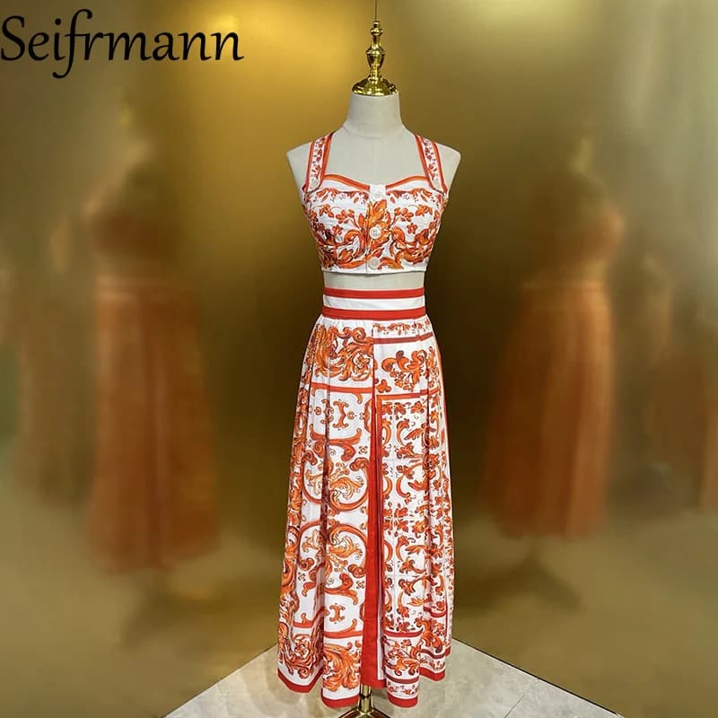 Seifrmann Casual printed cotton two-piece square neck sleeveless top high waist skirt suit