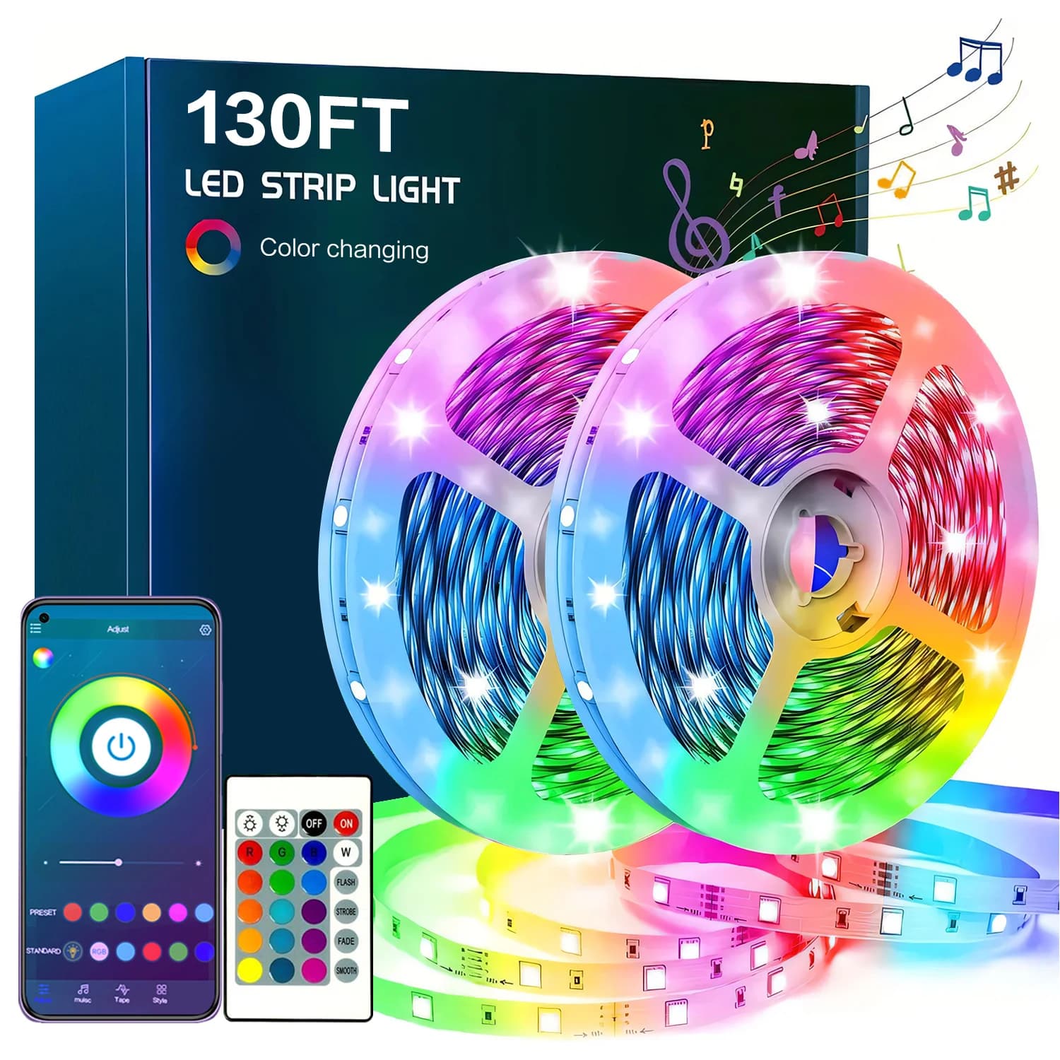 130FT Bluetooth LED Strip Lights, RGB Color Changing with Remote & Smart APP Control, Timing Function, Music Sync LED Rope Lights for Kitchen/TV/Room Decor, Bluetooth Enabled