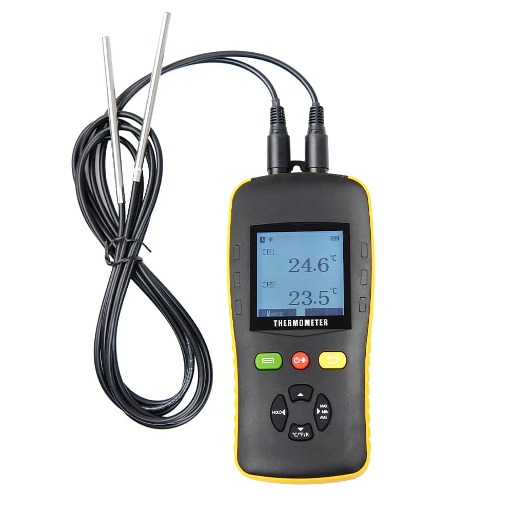 Good stability, digital thermometer, dual PT100 PT1000 probe 2-channel LCD display, battery powered, temperature data logger
