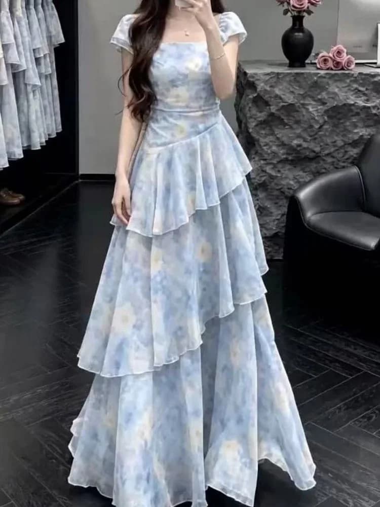 Summer Floral Print Cake Skirt Dress Women's Fashionable Long Dress Waist Cinching Short Sleeve Square Collar Patchwork