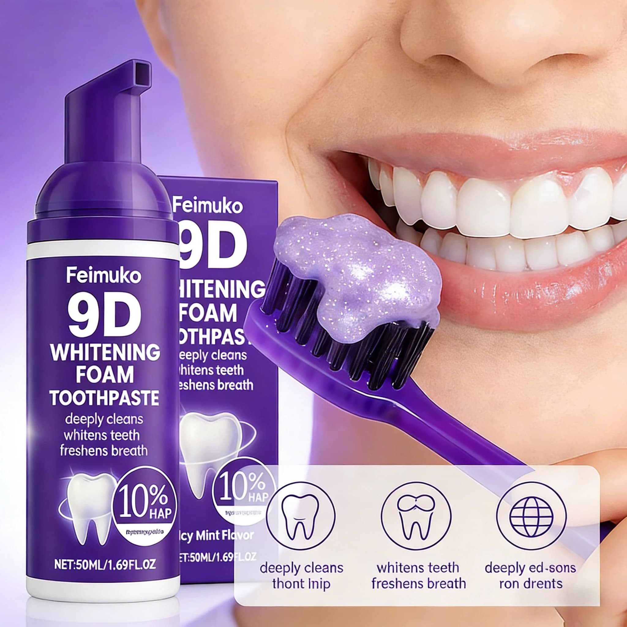 Mousse Dentifricia Whitening 9D Purple with 10% Hydroxypatite, Fresh Food, Whitening Travel Tooths, Removing Macchie, Oral Care