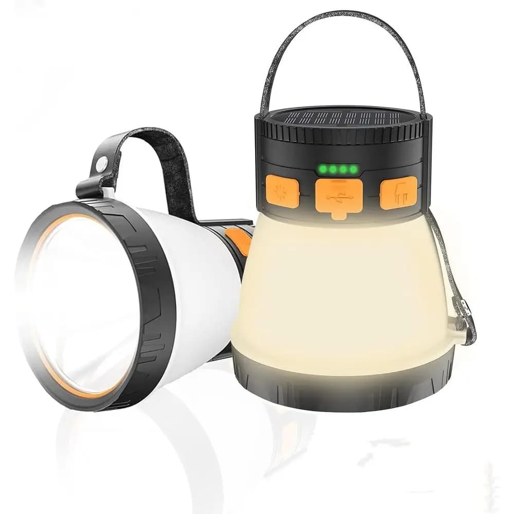 Set di 2 Lanterne LED Ricaricabili da Campeggio 1500 Lumen con Pannello Solare, Impermeabili, 8 Modalità, Power Bank 7500mAh