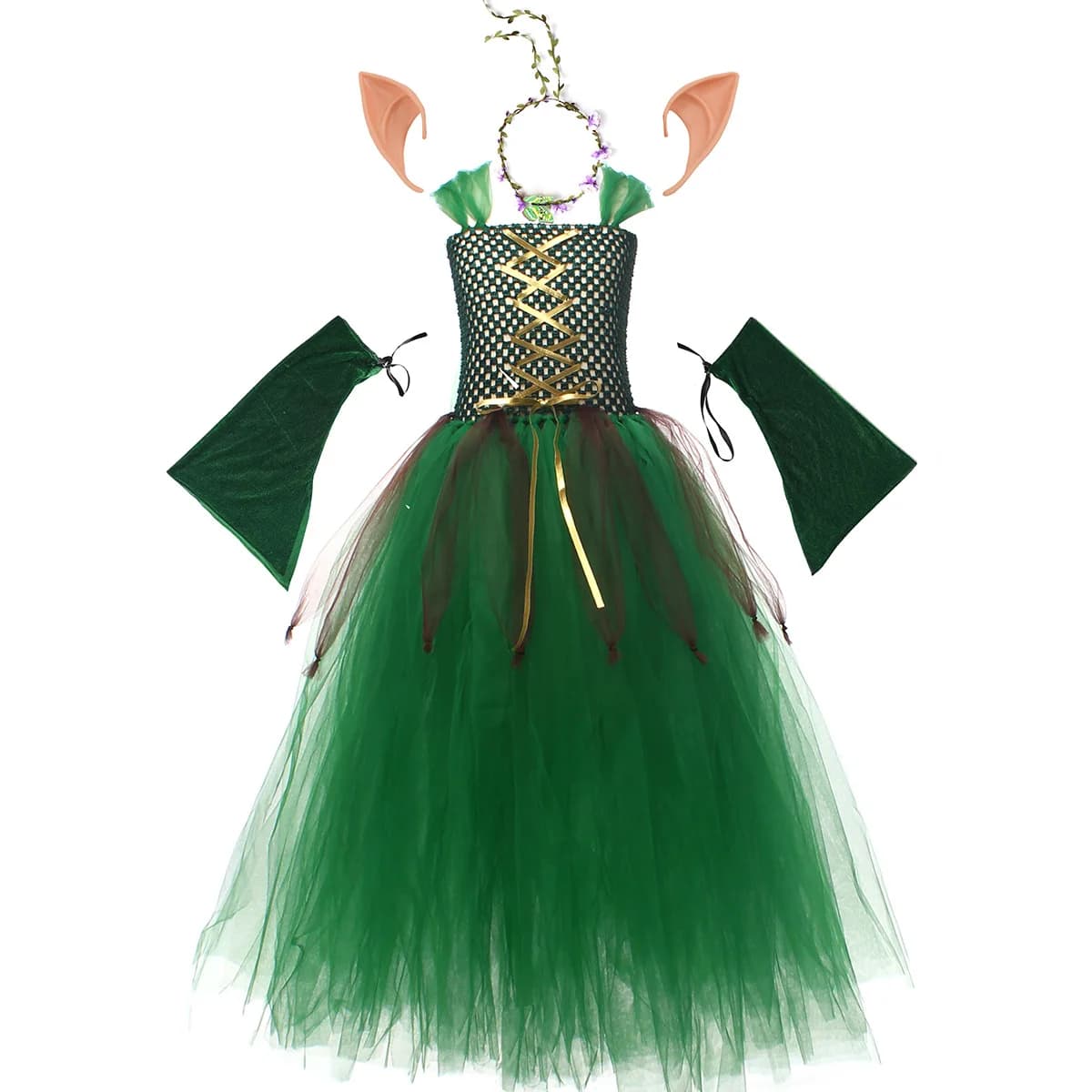 THEEPER Halloween Girls Forest Elf Tulle Costume Optional Elf Ears Headband, Kids Halloween Fairy Cosplay Fancy Dress Outfit