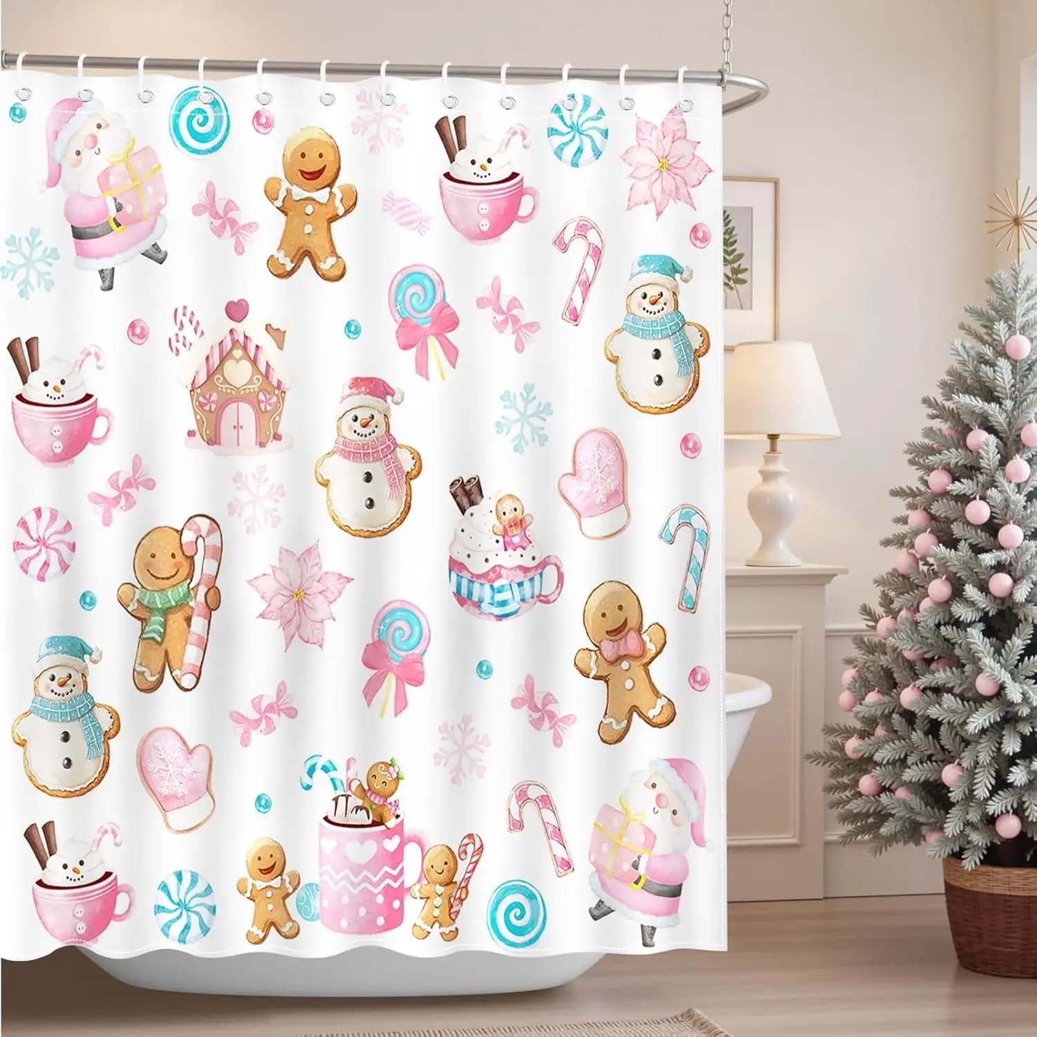 Tenda da doccia natalizia Simpatico pupazzo di neve di Natale Gingerbread-Man Tenda da doccia di Babbo Natale per bambini Bagno natalizio impermeabile