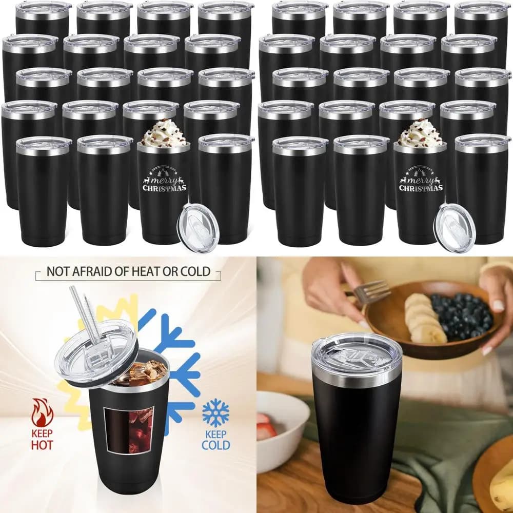 20 ounces black powder coated stainless steel insulated travel cups, blur set for gifts with laser engraving