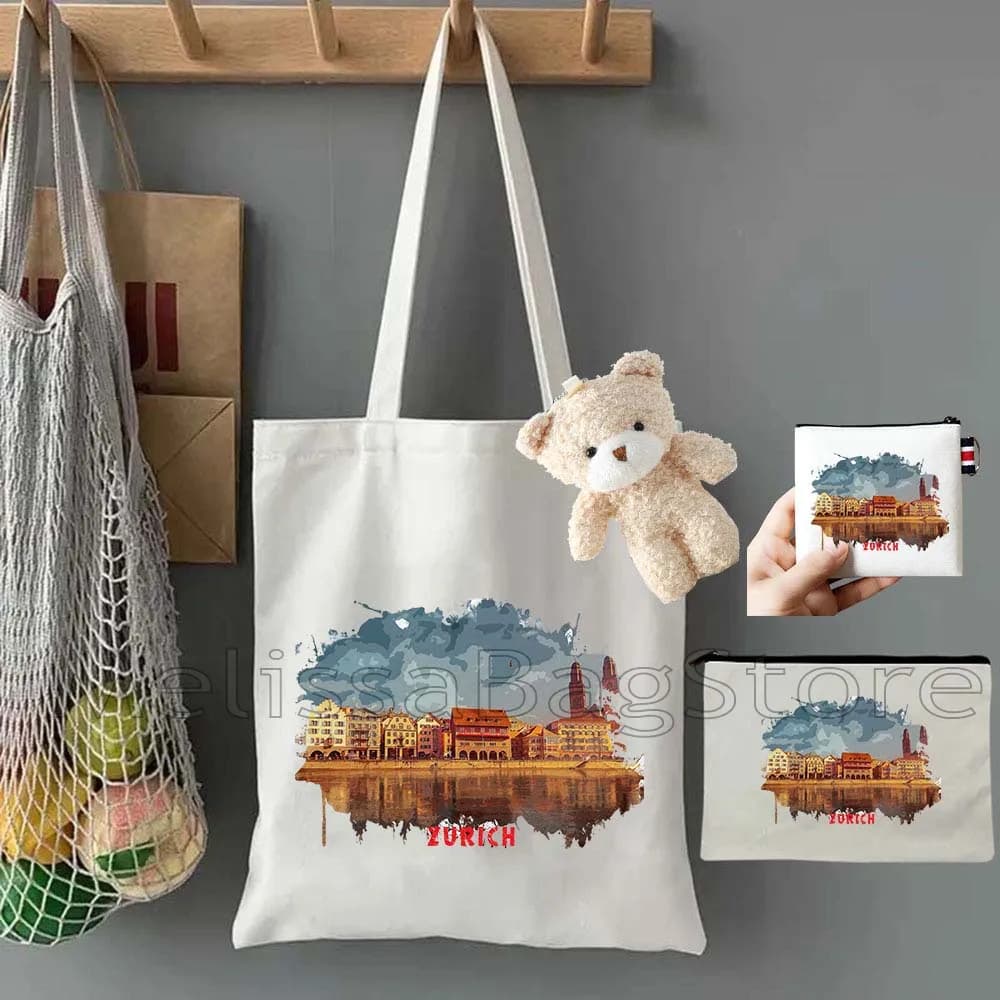 4PCS Gifts Set Zurich Switzerland White Canvas Tote Bag Handbag with Doll Key Coin Purse Cosmetic Makeup Toilet Bag Case Pouch