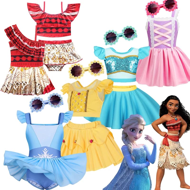 Costume da bagno Disney in due pezzi per ragazze, costume da bagno Elsa Belle, costume da bagno principessa per bambini, bikini, abbigliamento da spiaggia Rapunzel