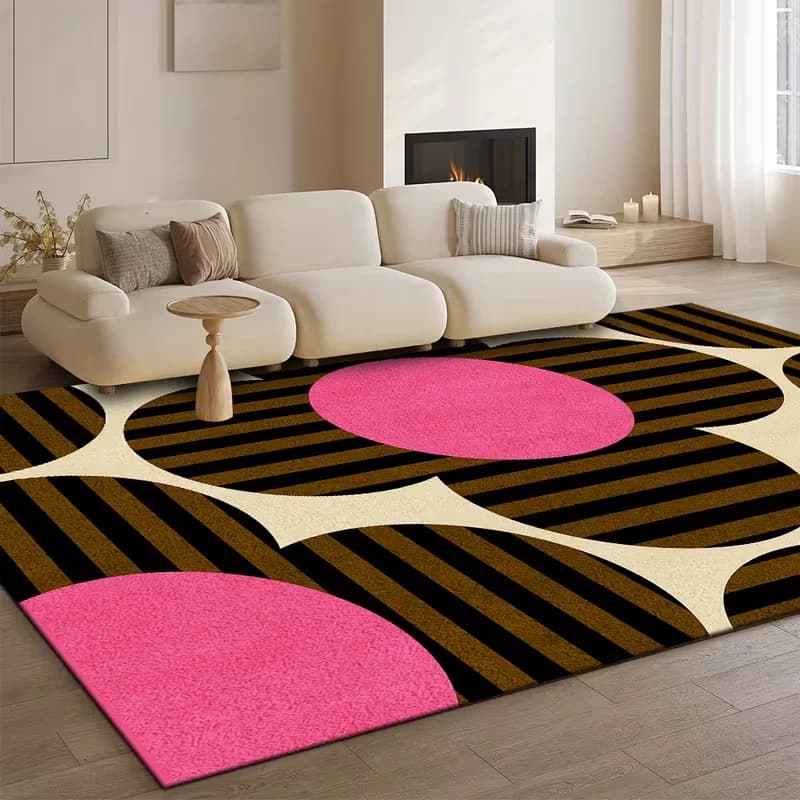 Mid Century Hot Pink Oval Black Brown Stripe Geometric Area Rug Non Slip Mat Modern Living Room Bedroom Home Decor Carpet